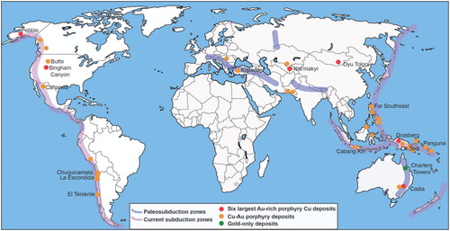 Figure 1. Map of some of the largest Cu–Au porphyry deposits showing their concentration around the Pacific Rim and relationship to past and present orogenic belts. Many in North and South America have subordinate Au.
