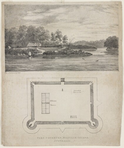 Figure 3. Plan and elevation of the military outpost at Port Cockburn, Melville Island, in the extreme north of New South Wales, from a drawing by Captain Bunn, c.1829, courtesy of State Library of New South Wales, DG SV3.8/1