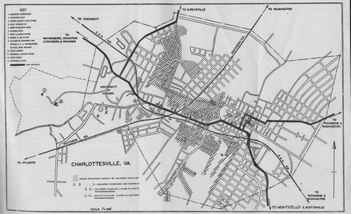 Figure 2. This Phelp-Stokes study map of Black communities uses visual conventions common in public health mapping of the period, creating a sense of Blackness as contagion. The map’s emphasis on “out of place” white and Black families further highlights its representation of Black space as Other and naturalizes the idea of segregation as healthy. Marjorie Felice Irwin, (Charlottesville, VA: University of Virginia, 1929). (Image in the public domain.)