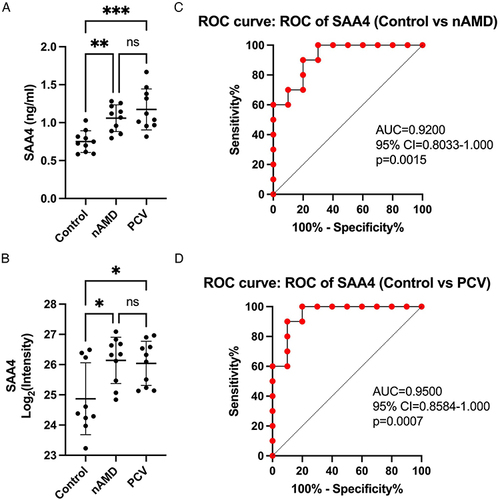 Figure 5 Validation of SAA4 and ROC analysis. (A and B) Comparison of SAA4 protein abundance measured by ELISA (A) with LC-MS/MS-based proteomics (B) measurements. (C and D) ROC curves depicting the classification power of SAA4. Data are presented as means ± SD; * indicates a p value < 0.05, **Indicates a p value < 0.01, ***Indicates a p value < 0.001, ns indicates not significant.