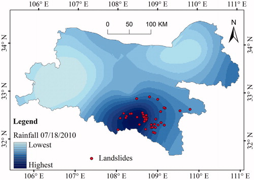 Figure 15. Spatial distribution of daily rainfall on July 18, 2010, coinciding with a landslide.