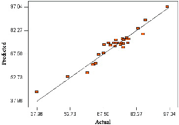 Figure 1. Comparison between the predicted and experimental values for the conversion of menthyl butyrate catalyzed by crude T1 lipase.