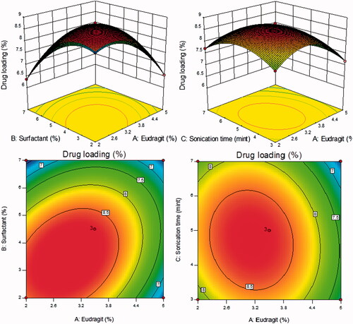Figure 2. (A–D) 3D-response surface plots and 2D contour plot showing the influence of independent variables [eudragit (%), tween 80 (%), and sonication time (minutes)] on drug loading (%) for the SIT-NPs.