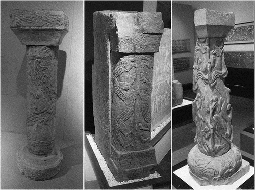 Figure 13. Left: Stone column in the No. 1 Eastern Han tomb in Banjing Village, Tongshan County, Xuzhou, excavated in 1992. Middle: A stone wall column with two dragons standing opposite one other in relief, Xuzhou Han Pictorial Stone Art Museum. Right: A stone center column in the front room of the Eastern Han portrait stone tomb in Wu Baizhuang, Linyi. Photographs by the authors of this article.