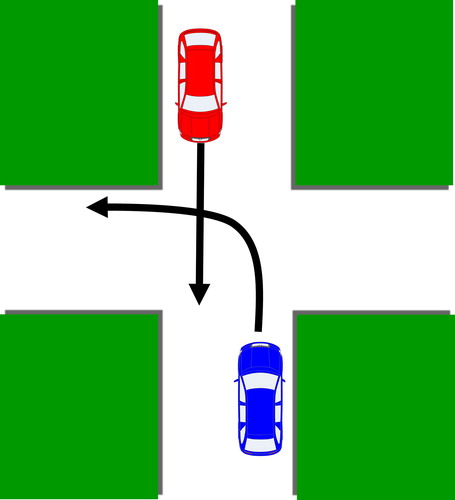 Figure 1. A diagram of the LTAP/OD crash mode. The red car is the traveling-through vehicle and the blue car is the turning vehicle.