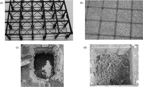 Figure 2. (a) The JW air-cycle aqueduct frame. (b) The finished pavement surface. (c and d) What was observed below the pavement that was used for the experiments in this paper.