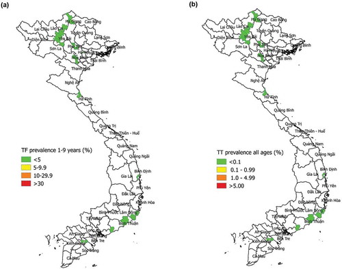Figure 1. Prevalence of (a) trachomatous inflammation—follicular (TF) in children aged 1–9 years and (b) trichiasis unknown to the health system in all ages, Global Trachoma Mapping Project, Viet Nam, 2014.