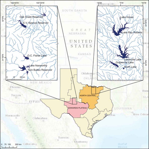Figure 1. Location map for the selected lakes in San Angelo and Dallas. The Edwards Plateau Climate Division (marked with light red color) encompasses all lakes in the San Angelo study area, and the North Central Climate Division (indicated with light orange color) comprises the Dallas area lakes. All other climate divisions in Texas are marked with pale yellow color.