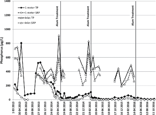 Figure 4. Observed pre and post alum treatment 1 m phosphorus concentrations in Lake Ketchum, WA, and observed main inlet phosphorus concentrations from Mar 2013–Oct 2016.