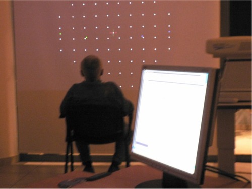 Figure 1 The patient sits comfortably in front of a video-projector screen. The 76 test points are shown with the fixation target.