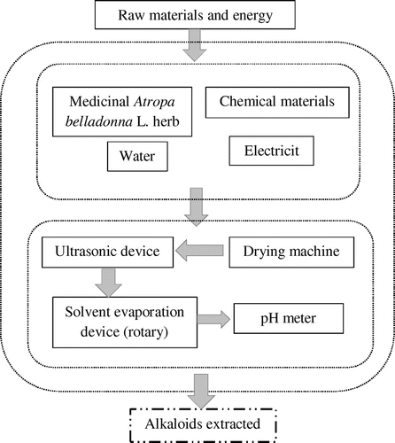 Figure 1. Alkaloid extraction process system boundary Atropa belladonna L.