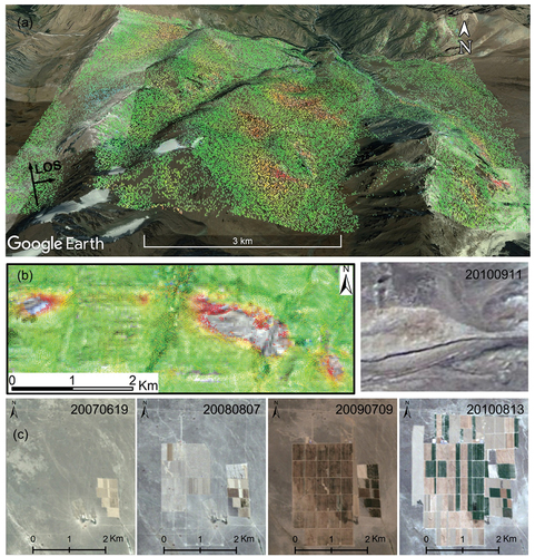 Figure 5. Surface characteristics corresponding to deformation monitored by ALOS datasets (2007–2010), (a) mountains, (b) hills, and (c) oases.