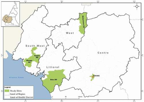 Figure 1. Excerpt from Cameroon map showing 5 health districts used for study