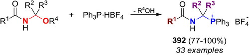 Scheme 229. Reaction of N-(1-alkoxyalkyl)amides with phosphonium salt Ph3P·HBF4. Products, yields, and related references, are listed in Table S60.
