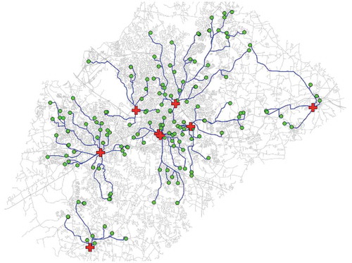 Figure 2. Visualization of route discovery on vector data showing multiple tree structures from local roots to end points, © GRASS Development Team, Citation2017.