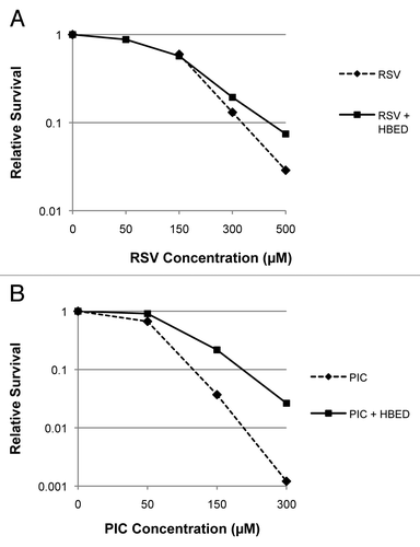 Figure 5. RSV and PIC cytotoxicity clonogenic survival in 1522 cells with HBED. (A) The effect of HBED (100 µM) on the cytotoxic effects of RSV exposure for 24 h in 1522 cells. (B) The survival curve showing similar experiments with PIC. HBED showed protective effects against RSV and PIC exposure suggesting that the oxidative damage associated with prolonged exposure with these agents is mediated at least in part to be mediated by redox-active transition metal complexes. (DMF for RSV = 1.4 ± 0.5 and PIC = 2.3 ± 0.55 at 10% survival).