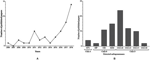 Figure 1 (A) Number of published papers reporting carbapenem-resistant Gram-negative bacteria in Tunisia from 2006 to 2019. (B) Number of published papers per carbapenemase classes in Tunisia from 2006 to 2019.