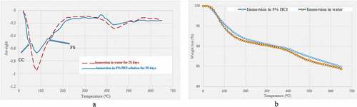 Figure 15. TGA (a) & DTA (b) analysis of 3% Nano-NP-based pastes, after immersion in lime-saturated water and in 5% HCl solution for 28 days, respectively. (FS: Friedel’s salt; CC: calcium chloride)