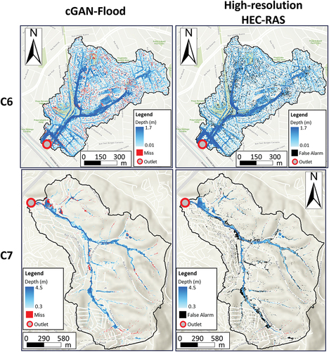Figure 8. Examples of cGAN-Flood performance on Sao Paulo catchments with depth thresholds of 0.05 and 0.3 m.
