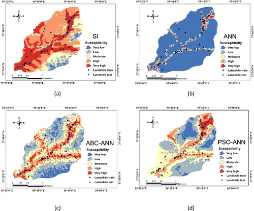 Figure 11. A view of landslide hazard maps developed in GIS model (a) SI, (b) ANN, (c) ABC-ANN and (b) PSO-ANN estimation of LSVs.