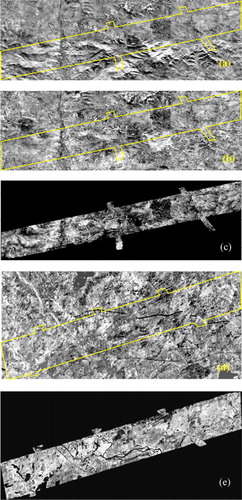 Figure 2. The difference images between ASTER GDEM and NED; (a) the difference between original ASTER GDEM and NED (NH site); (b) the difference between registered ASTER GDEM and NED (NH site); (c) RH100 from LVIS data (NH site); (d) the difference between original ASTER GDEM and NED (ME site); (e) RH100 from LVIS data (ME site). The polygons on (a), (b), and (d) are the area covered by LVIS.