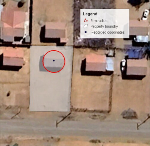 Figure 6. Shows recorded coordinates of a building with a 5 m error radius within the property.
