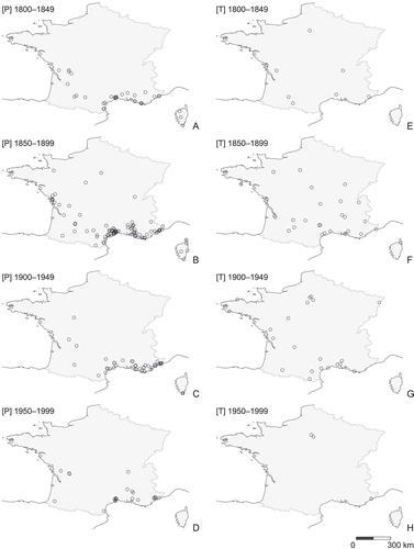 Figure 2. Distribution area of Nigella damascena in France over the last two centuries, broken up in 50-year periods. (A–D) Distribution area of the [P] morph. (E–H) Distribution area of the [T] morph.