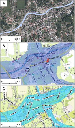 Figure 4. Comparison of the Q100 flood extent from a pre-2010 hydrological model according to T. G. Masaryk Water Research Institute (A), the extent of flood-prone areas according to the Czech Association of Insurance Companies (B), and the 2010 flood extent according to the Digital Flood Portal of the Liberec Region (C).