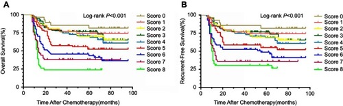 Figure 4 Comparison of survival prognosis in each coNLR-PLR score. (A) For overall survival, patients with higher had poorer prognosis (log-rank p<0.001). (B) For recurrent-free survival, patients with higher had poorer prognosis (log-rank p<0.001).Abbreviations: RFS, recurrence-free survival; CEA, carcinoembryonic antigen; CA199, carbohydrate antigen; WBC, white blood cells; CRP, C-reactive protein.