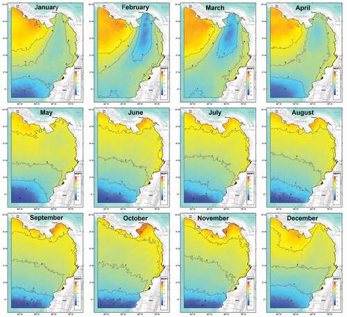 Figure 8. Climatology of the first standardized empirical orthogonal function (SEOF1), generated from the Sea Surface Temperature (SST) of the MODIS-Aqua sensor (2002–2019).