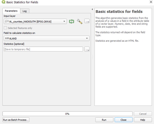 Figure 86. Basic statistics of a specific vector layer attribute field.