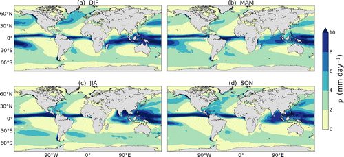Figure 9. Climatological seasonal mean ERA-Interim precipitation 1980–2014 for (a) DJF, (b) MAM, (c) JJA and (d) SON.
