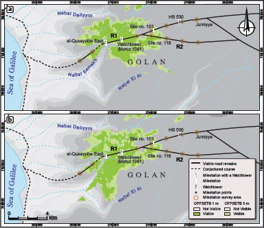 Fig. 7: Visibility maps; a) Maʿoz’s watchtower; b) el-Qusayyibe East; the height of the observer (watchtower) was set at 5 m above ground, the height of observed objects (OFFSETB) was calculated at 1 m above ground (general visibility of the landscape) and at 5 m above ground (height of the assumed observed neighbouring watchtower)