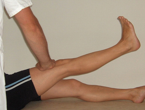 Figure 3. The resisted straight leg raise test. The hip joint was actively flexed to approximately 30° with the knee extended. This position was held by the patient while the examiner applied pressure on the extremity just above the knee, toward the examination table. The test was regarded as being positive on reproduction of groin pain.