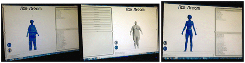 Figure 1. Fieldwork photographs of the body scanner screen showing three different avatars: clothed, a grey avatar that has not been fully rendered; unclothed. Source: © Kat Thiel.