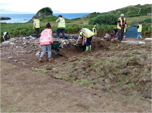 Figure 1. Archaeologists from the Ardnamurchan Transitions Project in the summer of 2014 working on a trench in the process of being backfilled.