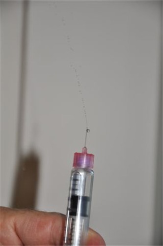 Figure 5 Air shot. One or two units of insulin are dialed and dispelled with the pen tip facing upward. This ensures that the pen is operating correctly and insulin, not air, is injected into the patient.