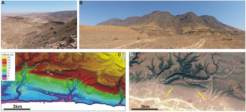 Figure 2. Field pictures of the (A) northern and (B) southern escarpments of the Jebel Qara, in (B) a residual portion of the pediment is visible on the left. (C) DEM and (D) GoogleEarth™ image of the DSGSD (arrows indicate unloading valleys and dotted line mark the trenches separating DSGSD from the massif).