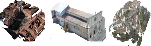 Figure 13. 3D model: (a) Palazzo square, (b) Collemaggio Basilica, (c) Fontecchio.