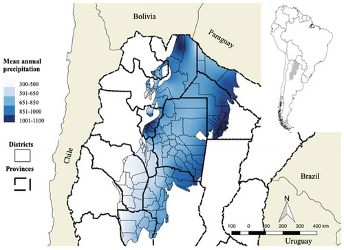 Figure 1. The Argentine Dry Chaco, including district boundaries and mean annual precipitation (Hijmans & Parra, Citation2005). The study region contains 135 administrative units (districts) in 10 provinces (dotted lines) in Argentina. We did not include Santa Fe Province due to data scarcity (Figure 1).