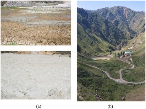 Figure 10. Field investigation photos of the A’xi tailings dam: (a) tailings in the A’xi tailings dam and (b) landforms downstream and environmental protection depot of the tailings dam.