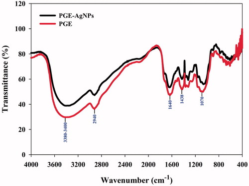 Figure 5. FTIR spectra of Punica granatum leaf extract (PGE) and synthesized PGE-AgNPs.