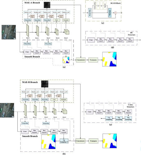 Figure 7. The detailed MAE-BG network infrastructures, containing the smooth branch and the MAE. (a) The dual-stream network for a typical segmentation main stem with a DC structure. (b) Dual-stream network for segmentation of the main stem with the Codec structure. (c) The SE-ED block in the MAE branch. (d) Detailed DC-structure smooth branch combined with MAE-A. (e) Detailed Codec-structure branch combined with MAE-B.