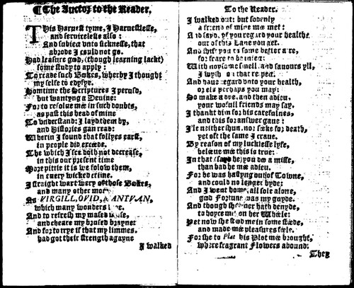 Figure 1. A facsimile of the first two pages of “The Auctor to the Reader” from the 1573 edition of Isabella Whitney’s, A Sweet Nosgay, Or Pleasant Posye.