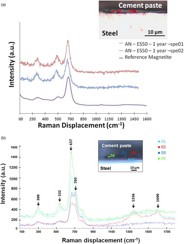 Figure 2. Images and Raman spectra of a corrosion product on a pre-corroded steel coupon embedded and (a) immersed in Synthetic Bure site water at 50°C under de-aerated conditions during 1 year or (b) tested under aerated conditions and a relative humidity of 90% for a duration of 6 months.