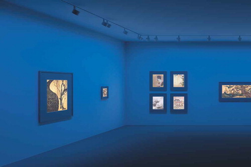 Fig. 13. Concept 6—Dynamism: A combination of projection spotlights for the individual paintings with uniform blue wallwashing. The crisp-contoured accent lighting enables good color rendering of the paintings. Rendering: Axel Groß. © ERCO GmbH.