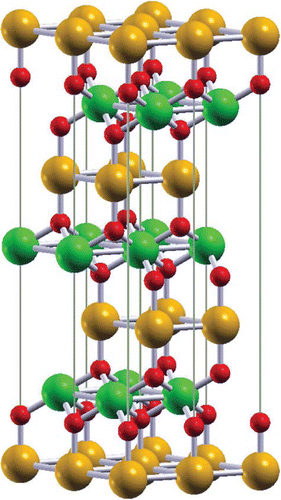Figure 1. Crystal structure of delafossite ABO2. A, B, and oxygen atoms are shown as orange, green, and red (light, big dark, and small dark in grayscale) spheres, respectively.