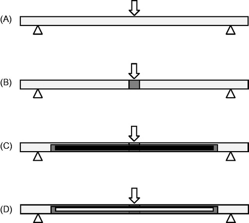 Figure 2. Schematic of specimens. (A) intact specimen, (B) repaired specimen without reinforcement, (C) repaired specimen reinforced with metal wire reinforcement, (D) repaired specimen reinforced with FRC reinforcement.