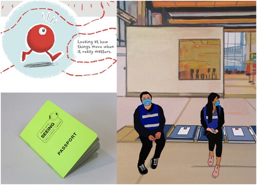Figure 3. Close up of Blood Journey, by Stephanie Sodero (top left); Para-Site-Seeing by Rod Dillon and Southern (bottom left); Pandemic Airport, by Clare Booker (right).