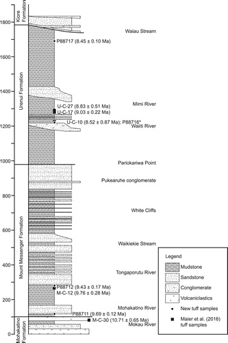 Figure 3. Simplified lithostratigraphic column for the northern Taranaki coastal section (after Maier et al. Citation2016) showing the positions and error-weighted mean 206Pb/238U zircon ages (corrected for common Pb using 207Pb and initial 230Th disequilibrium; 2σ uncertainties) of existing and new tuff samples (* = sample did not yield any late Miocene zircons). Ages for existing samples have been recalculated as detailed in the text.